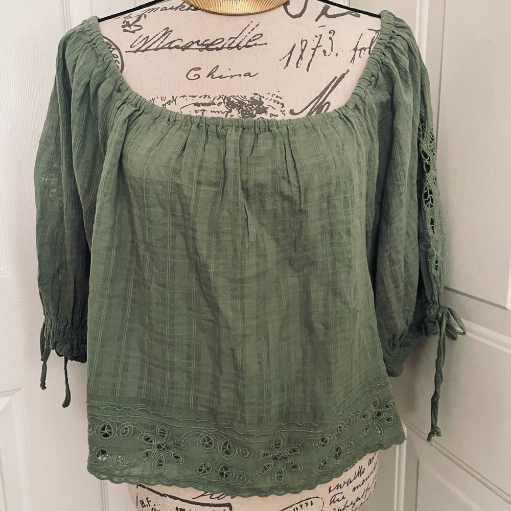 American Eagle Outfitters Sage Green Peasant Top with Lace Trim